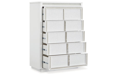 Chalanna King Upholstered Storage Bed with Mirrored Dresser and Chest in White from Ashley - Luna Furniture