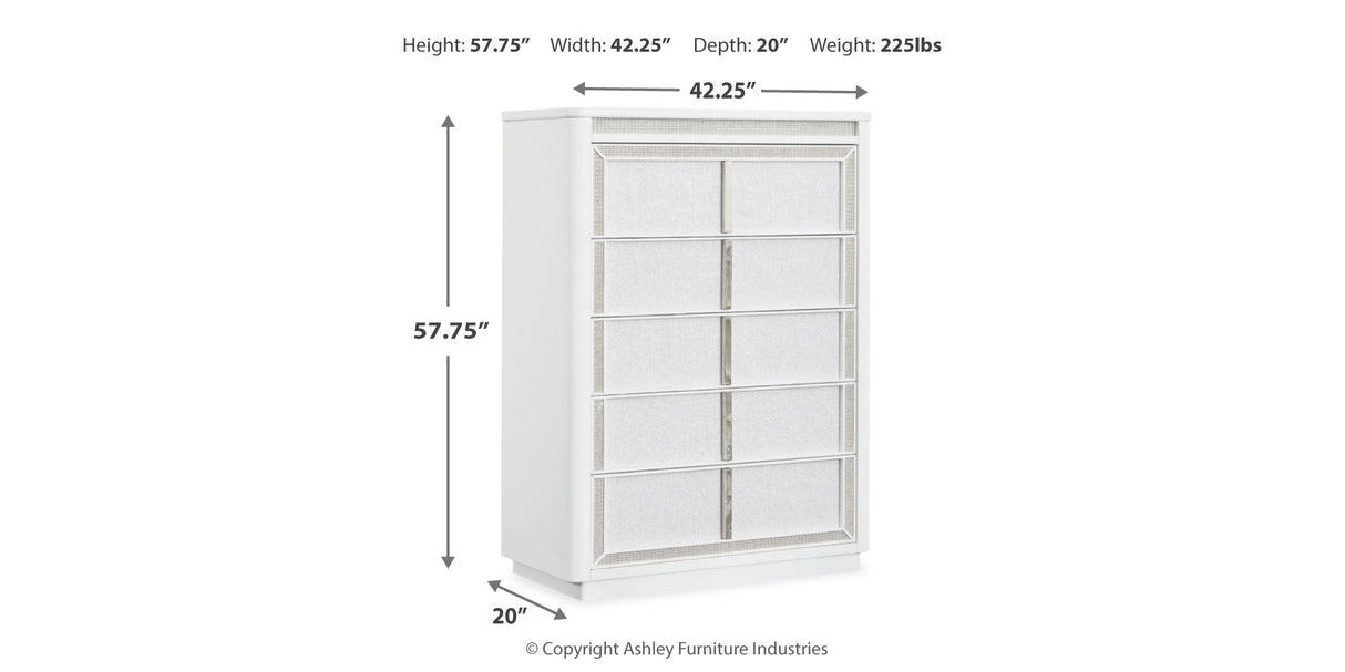 Chalanna Queen Upholstered Storage Bed with Mirrored Dresser, Chest and Nightstand in White from Ashley Furniture - Luna Furniture