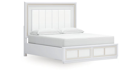 Chalanna California King Upholstered Storage Bed with Mirrored Dresser and 2 Nightstands in White from Ashley Furniture - Luna Furniture