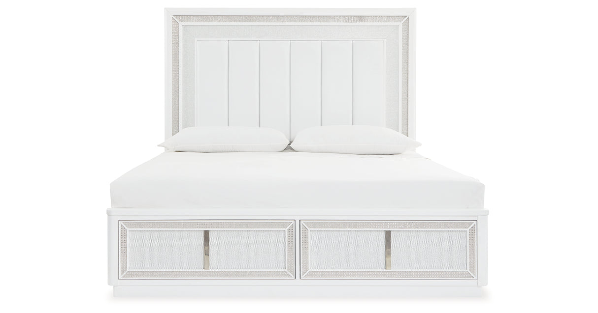 Chalanna King Upholstered Storage Bed with Mirrored Dresser, Chest and Nightstand in White from Ashley Furniture - Luna Furniture