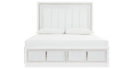 Chalanna King Upholstered Storage Bed with Mirrored Dresser, Chest and 2 Nightstands in White from Ashley - Luna Furniture