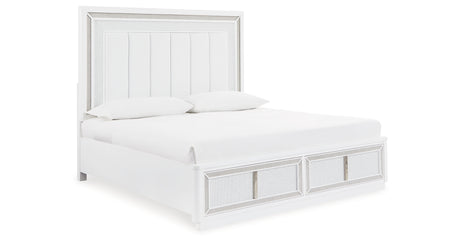Chalanna King Upholstered Storage Bed with Mirrored Dresser and Chest in White from Ashley - Luna Furniture