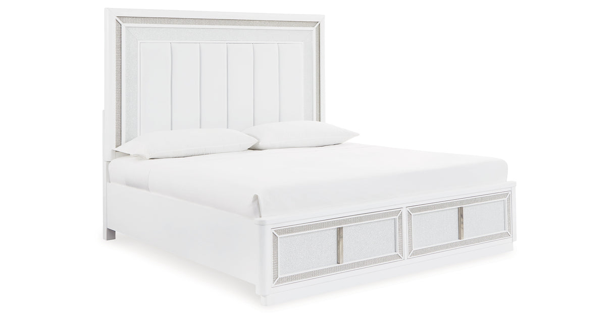 Chalanna King Upholstered Storage Bed with Mirrored Dresser, Chest and 2 Nightstands in White from Ashley Furniture - Luna Furniture