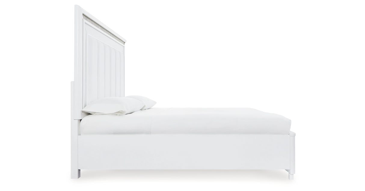 Chalanna King Upholstered Storage Bed with Mirrored Dresser, Chest and 2 Nightstands in White from Ashley Furniture - Luna Furniture