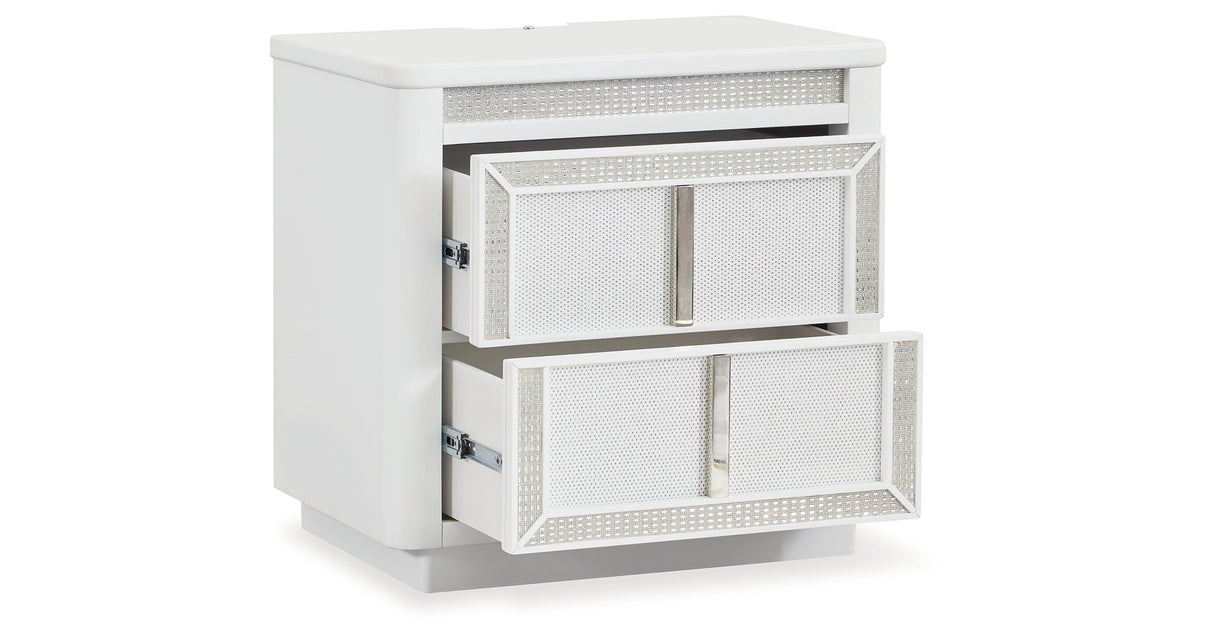 Chalanna California King Upholstered Storage Bed with Mirrored Dresser, Chest and Nightstand in White from Ashley Furniture - Luna Furniture