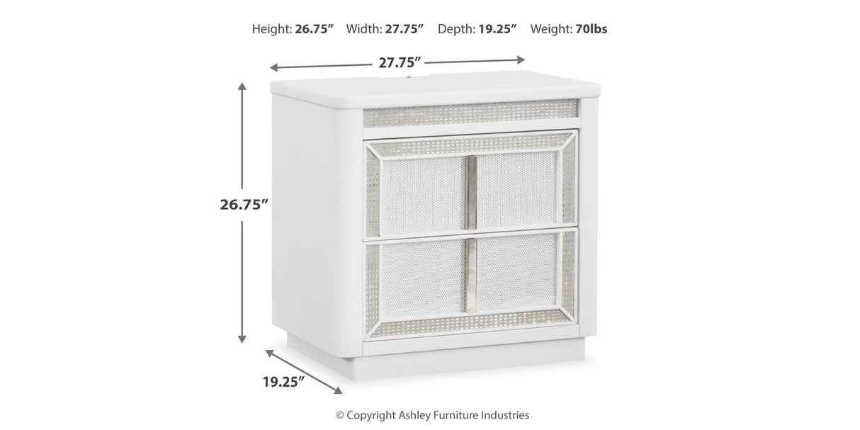 Chalanna King Upholstered Storage Bed with Mirrored Dresser, Chest and 2 Nightstands in White from Ashley Furniture - Luna Furniture