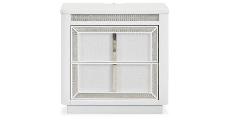 Chalanna Queen Upholstered Storage Bed with Mirrored Dresser, Chest and Nightstand in White from Ashley Furniture - Luna Furniture