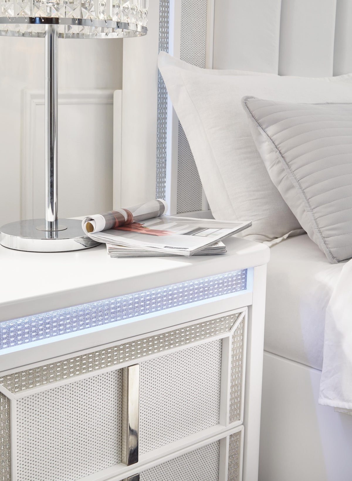 Chalanna California King Upholstered Storage Bed with Mirrored Dresser in White from Ashley - Luna Furniture