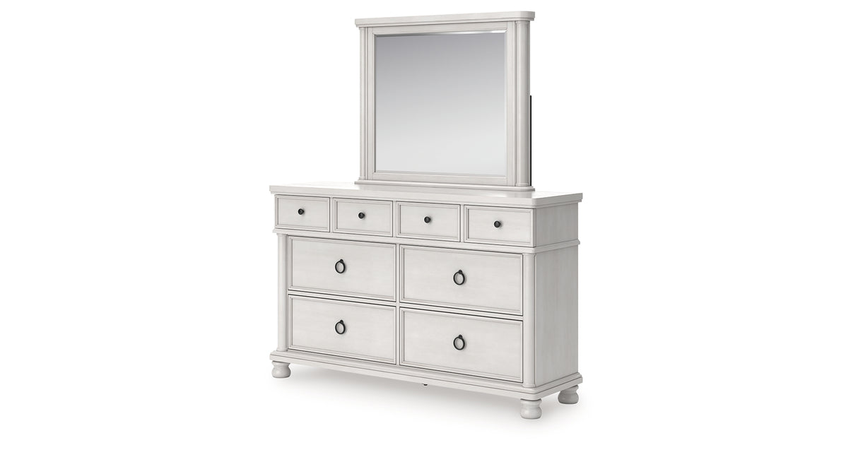 Rowlenstown Queen Poster Bed with Mirrored Dresser and Nightstand in Antique White from Ashley - Luna Furniture