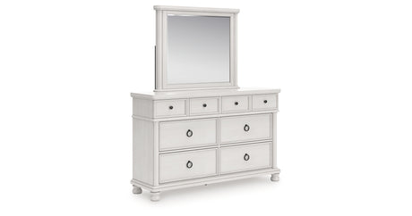 Rowlenstown California King Poster Bed with Mirrored Dresser and Nightstand in Antique White from Ashley - Luna Furniture