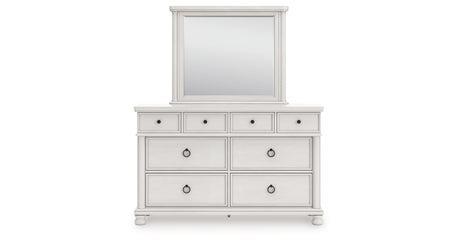 Rowlenstown Queen Poster Bed with Mirrored Dresser and Nightstand in Antique White from Ashley - Luna Furniture