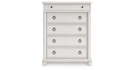 Rowlenstown California King Poster Bed with Dresser and Chest in Antique White from Ashley - Luna Furniture