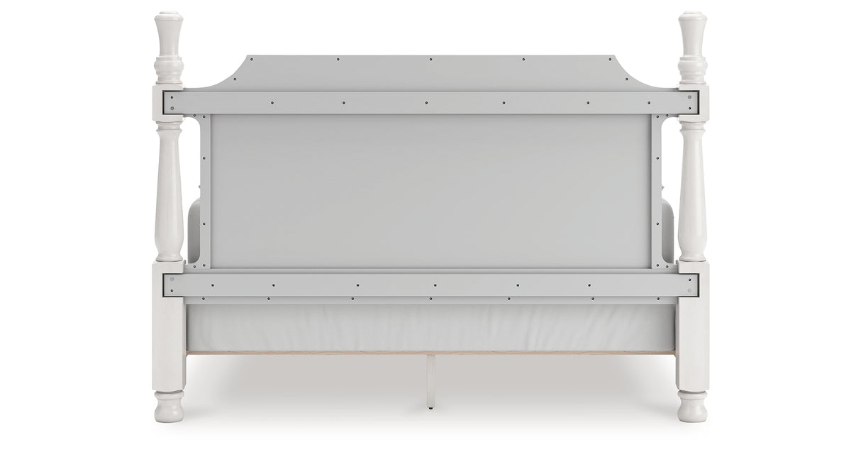 Rowlenstown California King Poster Bed with Mirrored Dresser in Antique White from Ashley - Luna Furniture