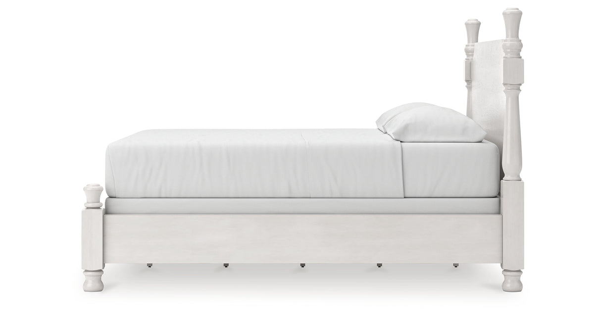 Rowlenstown California King Poster Bed with Mirrored Dresser and Nightstand in Antique White from Ashley - Luna Furniture