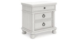 Rowlenstown Queen Poster Bed with Mirrored Dresser and Nightstand in Antique White from Ashley - Luna Furniture