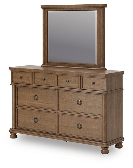 Rowlenstown Brown Queen Poster Bed, Dresser and Mirror from Ashley - Luna Furniture