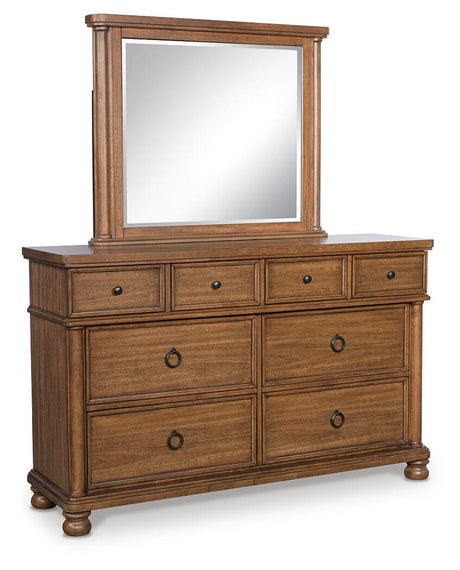 Rowlenstown Brown Queen Poster Bed, Dresser and Mirror from Ashley - Luna Furniture