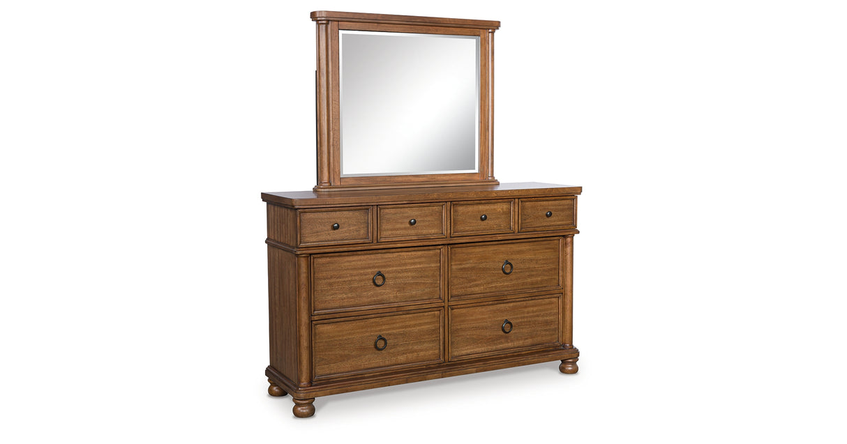 Rowlenstown California King Poster Bed with Mirrored Dresser in Brown from Ashley - Luna Furniture