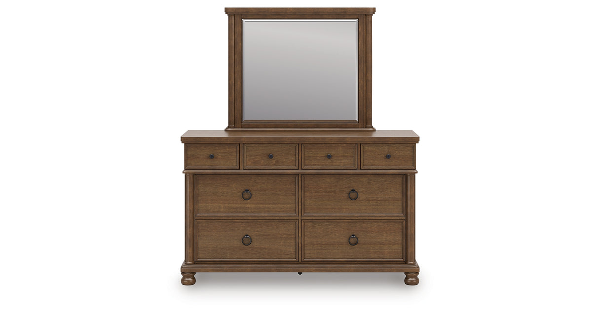 Rowlenstown California King Poster Bed with Mirrored Dresser in Brown from Ashley - Luna Furniture