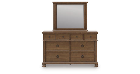 Rowlenstown California King Poster Bed with Mirrored Dresser and Nightstand in Brown from Ashley - Luna Furniture