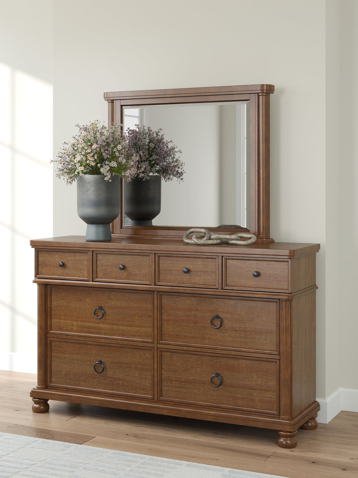 Rowlenstown Queen Poster Bed with Mirrored Dresser and Nightstand in Brown from Ashley - Luna Furniture