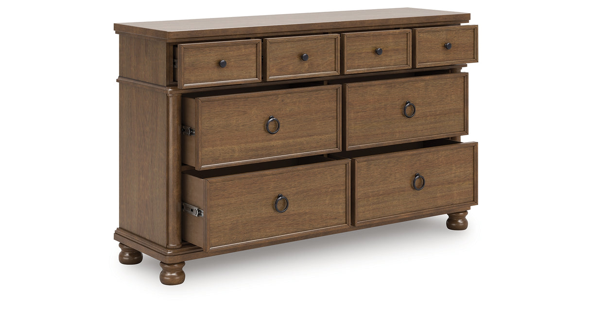 Rowlenstown California King Poster Bed with Dresser and Nightstand in Brown from Ashley Furniture - Luna Furniture