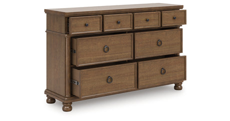 Rowlenstown California King Poster Bed with Dresser and Nightstand in Brown from Ashley - Luna Furniture