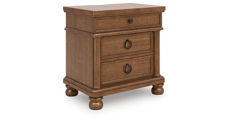 Rowlenstown California King Poster Bed with Mirrored Dresser and Nightstand in Brown from Ashley - Luna Furniture