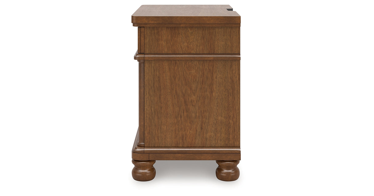 Rowlenstown Queen Poster Bed with Mirrored Dresser and Nightstand in Brown from Ashley - Luna Furniture