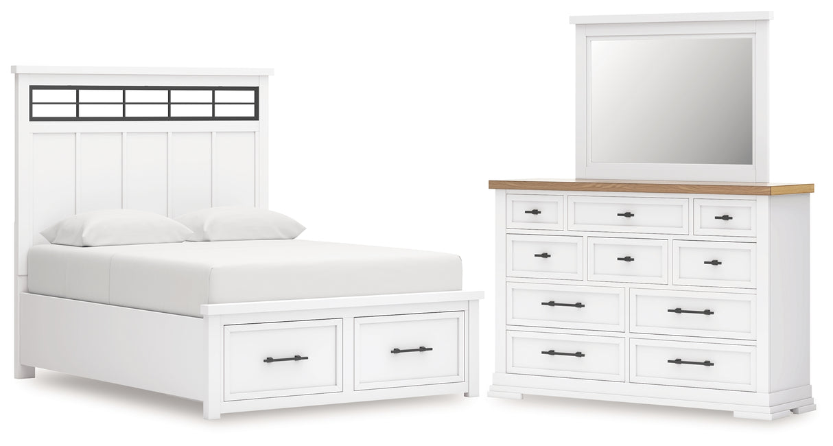 Ashbryn Queen Panel Storage Bed, Dresser and Mirror in White/Natural from Ashley Furniture - Luna Furniture