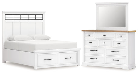 Ashbryn Queen Panel Storage Bed, Dresser and Mirror in White/Natural from Ashley - Luna Furniture