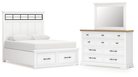 Ashbryn King Panel Storage Bed, Dresser and Mirror in White/Natural from Ashley - Luna Furniture