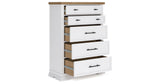 Ashbryn King Panel Storage Bed with Mirrored Dresser, Chest and 2 Nightstands in White/Natural from Ashley Furniture - Luna Furniture