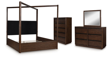 Dilenno Queen Canopy Bed with Mirrored Dresser and Chest in Dark Brown from Ashley - Luna Furniture