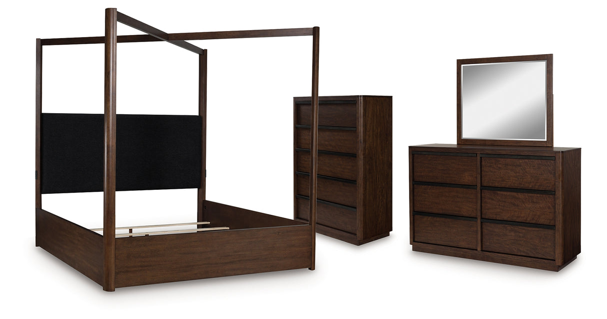 Dilenno King Canopy Bed with Mirrored Dresser and Chest in Dark Brown from Ashley Furniture - Luna Furniture