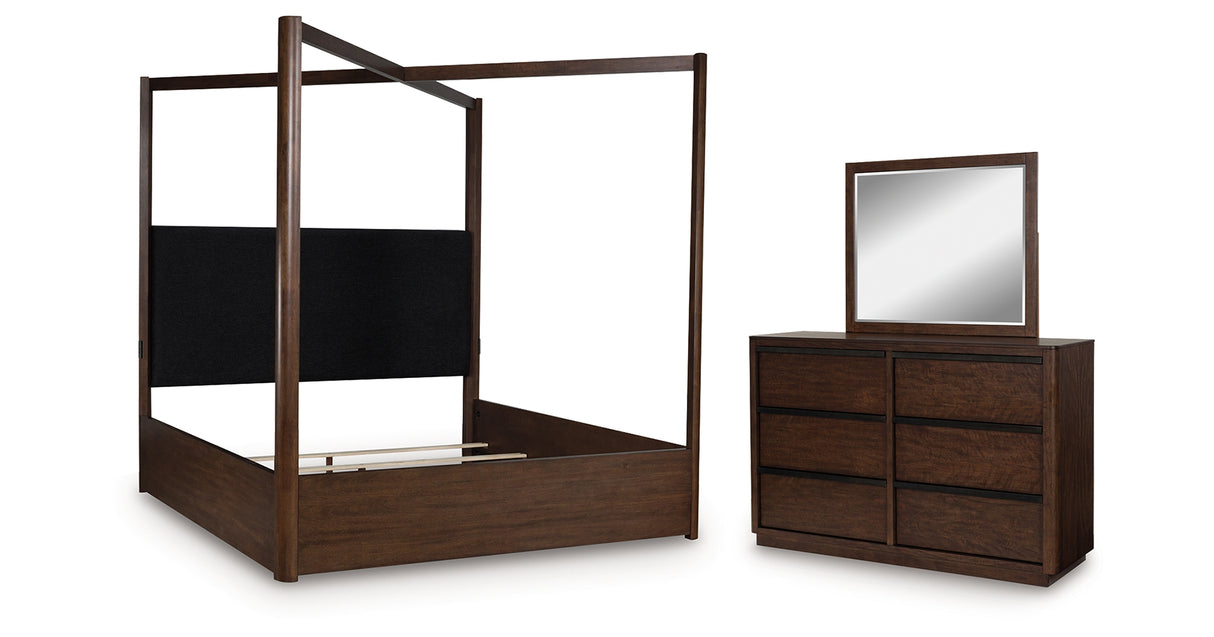 Dilenno Queen Canopy Bed with Mirrored Dresser in Dark Brown from Ashley Furniture - Luna Furniture
