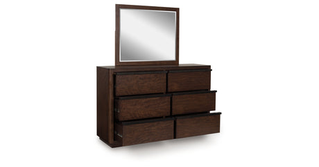 Dilenno California King Canopy Bed with Mirrored Dresser and Nightstand in Dark Brown from Ashley - Luna Furniture