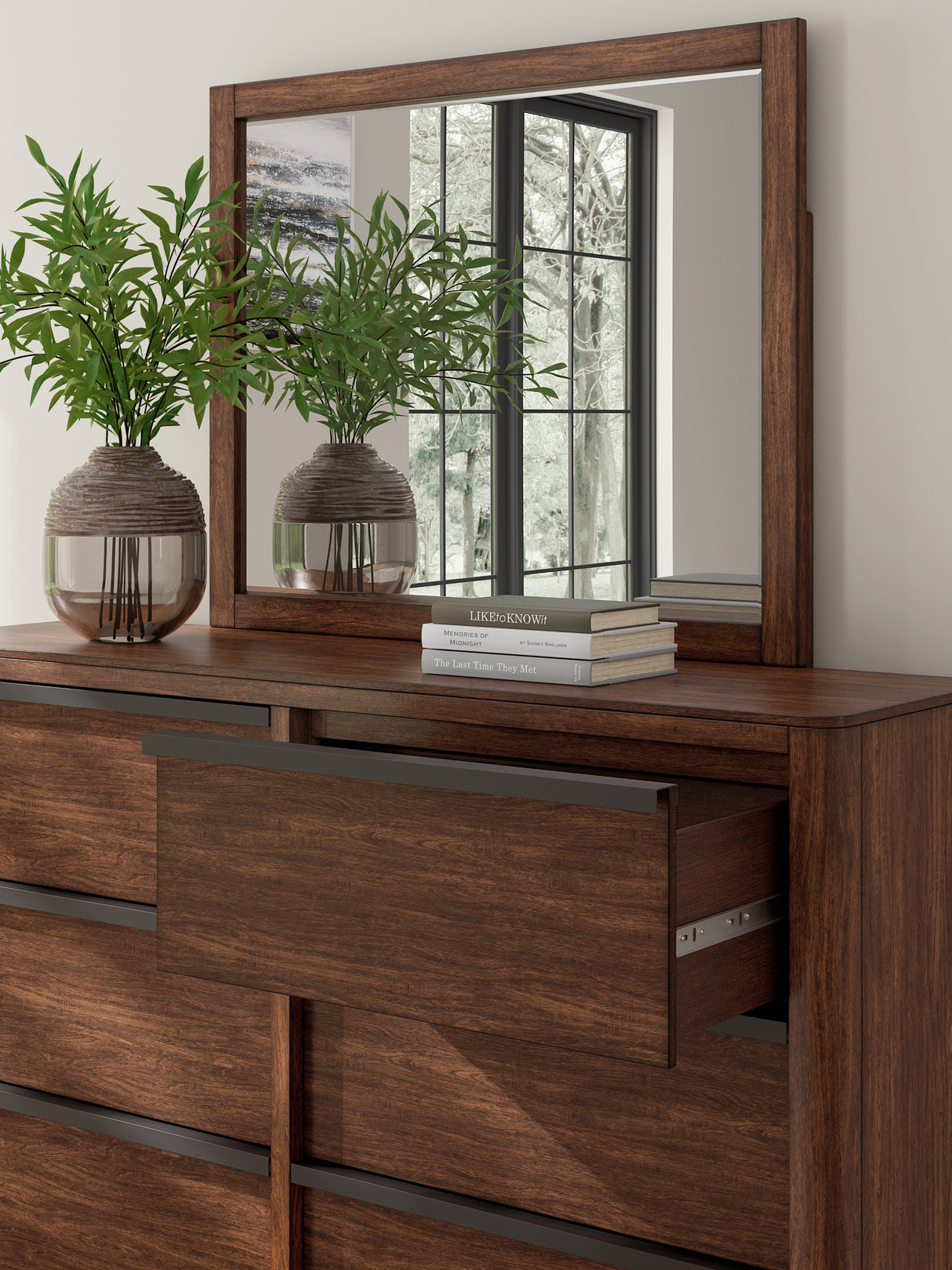 Dilenno King Canopy Bed with Mirrored Dresser and Nightstand in Dark Brown from Ashley Furniture - Luna Furniture