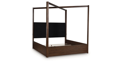 Dilenno California King Canopy Bed with Mirrored Dresser, Chest and Nightstand in Dark Brown from Ashley Furniture - Luna Furniture