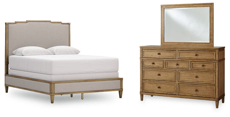 Sharlance Green/Brown Queen Upholstered Panel Bed with Mirrored Dresser from Ashley - Luna Furniture