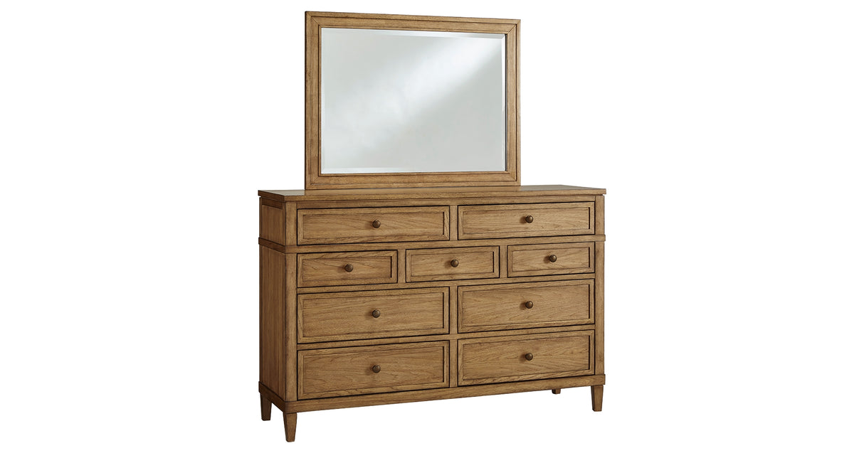 Sharlance King Upholstered Panel Bed with Mirrored Dresser, Chest and Nightstand in Light Brown from Ashley - Luna Furniture