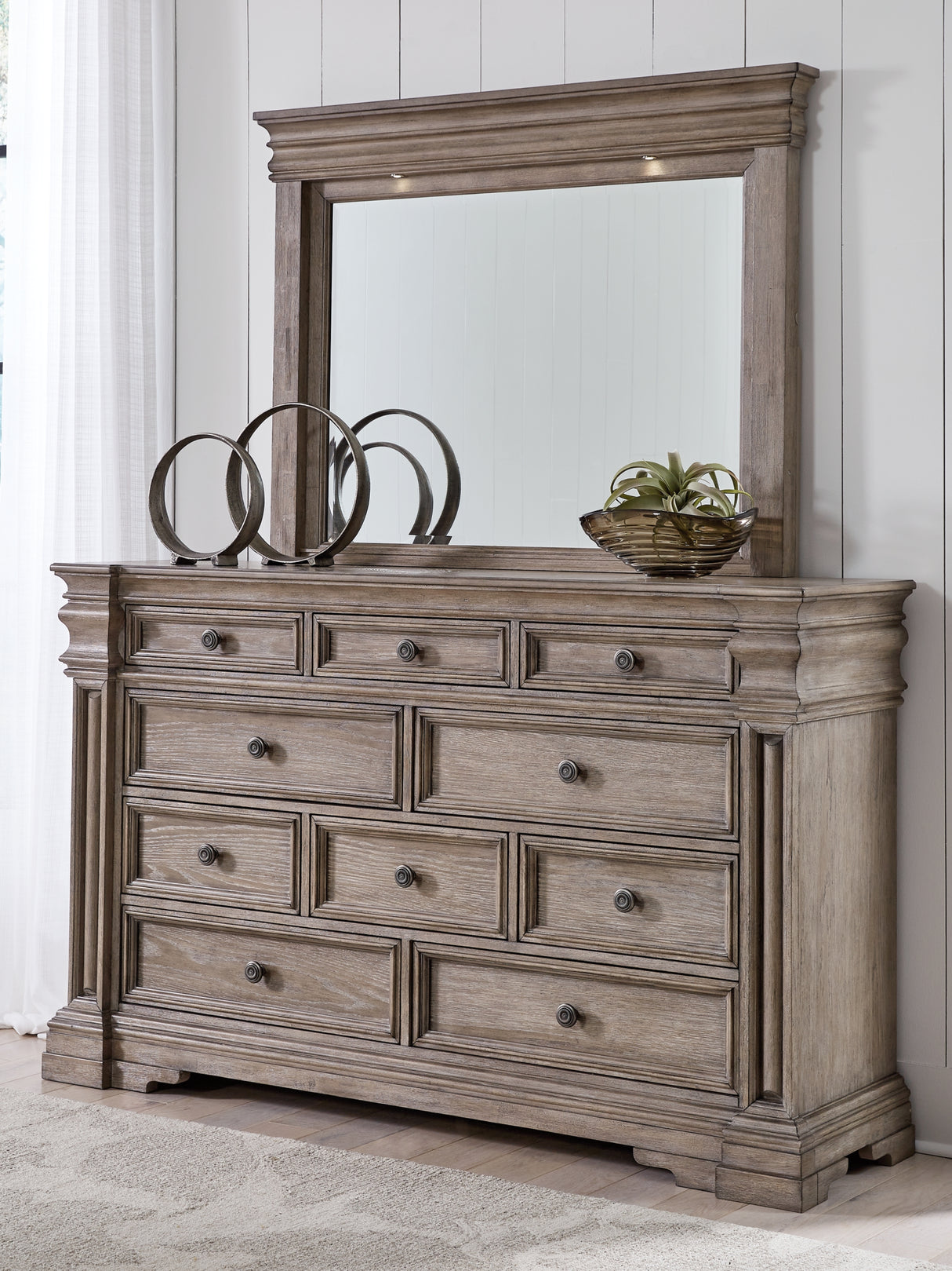 Ashley Blairhurst 10 Drawer Dresser and Mirror, Light Grayish Brown