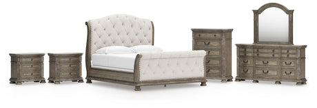 Ardenfield Light Brown King Upholstered Sleigh Bed, Dresser, Mirror, Chest and 2 Nightstands from Ashley - Luna Furniture
