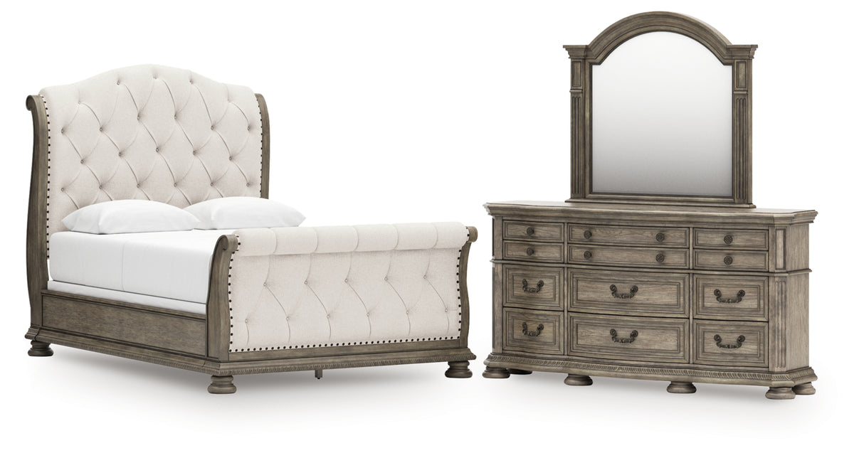 Ardenfield Queen Upholstered Sleigh Bed with Mirrored Dresser in Light Brown from Ashley Furniture - Luna Furniture