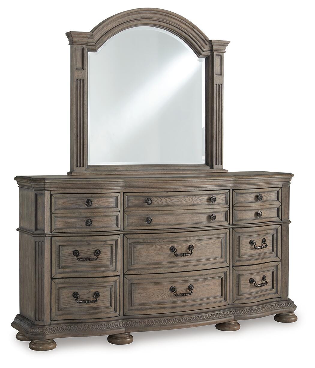 Ardenfield Light Brown King Upholstered Sleigh Bed, Dresser, Mirror, Chest and 2 Nightstands from Ashley - Luna Furniture