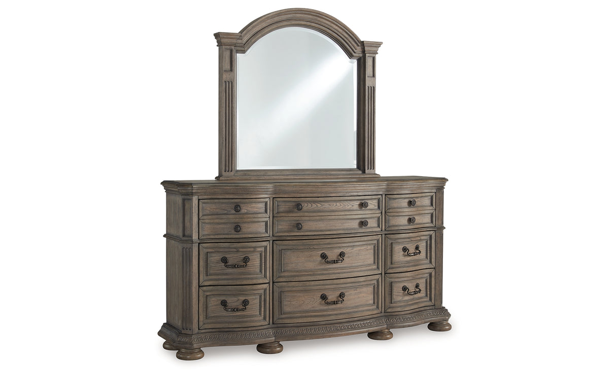 Ardenfield California King Upholstered Sleigh Bed with Mirrored Dresser and 2 Nightstands in Light Brown from Ashley Furniture - Luna Furniture