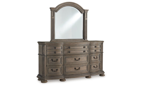 Ardenfield California King Upholstered Sleigh Bed with Mirrored Dresser in Light Brown from Ashley Furniture - Luna Furniture