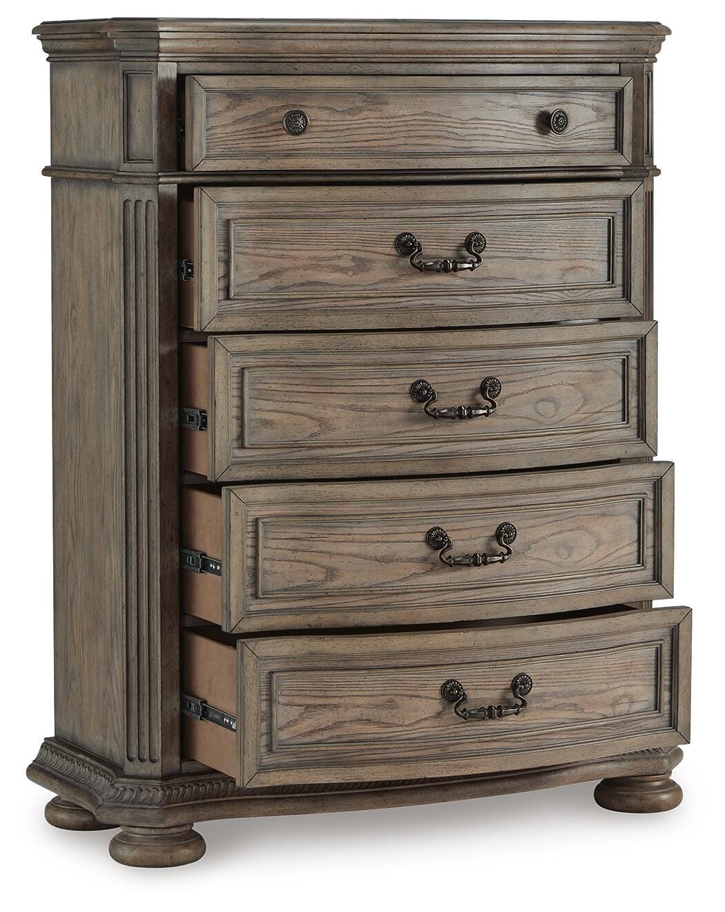 Ardenfield Light Brown King Upholstered Sleigh Bed, Dresser, Mirror, Chest and 2 Nightstands from Ashley - Luna Furniture