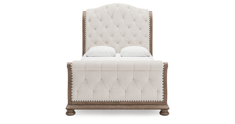 Ardenfield Queen Upholstered Sleigh Bed with Mirrored Dresser and Chest in Light Brown from Ashley Furniture - Luna Furniture