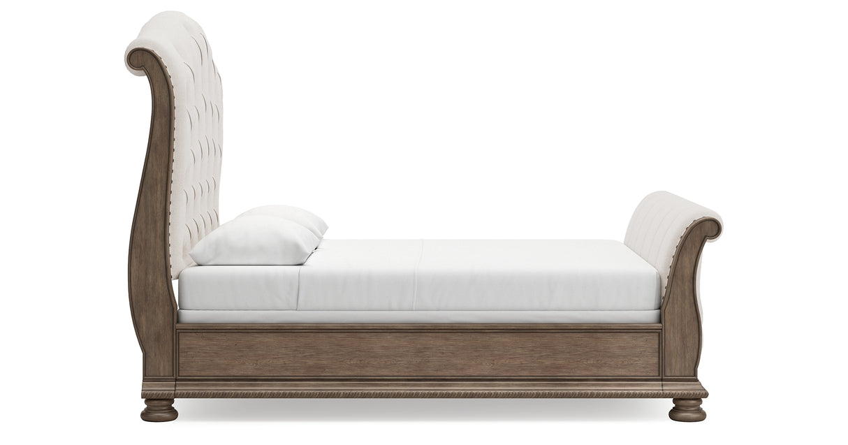 Ardenfield Queen Upholstered Sleigh Bed with Mirrored Dresser in Light Brown from Ashley Furniture - Luna Furniture